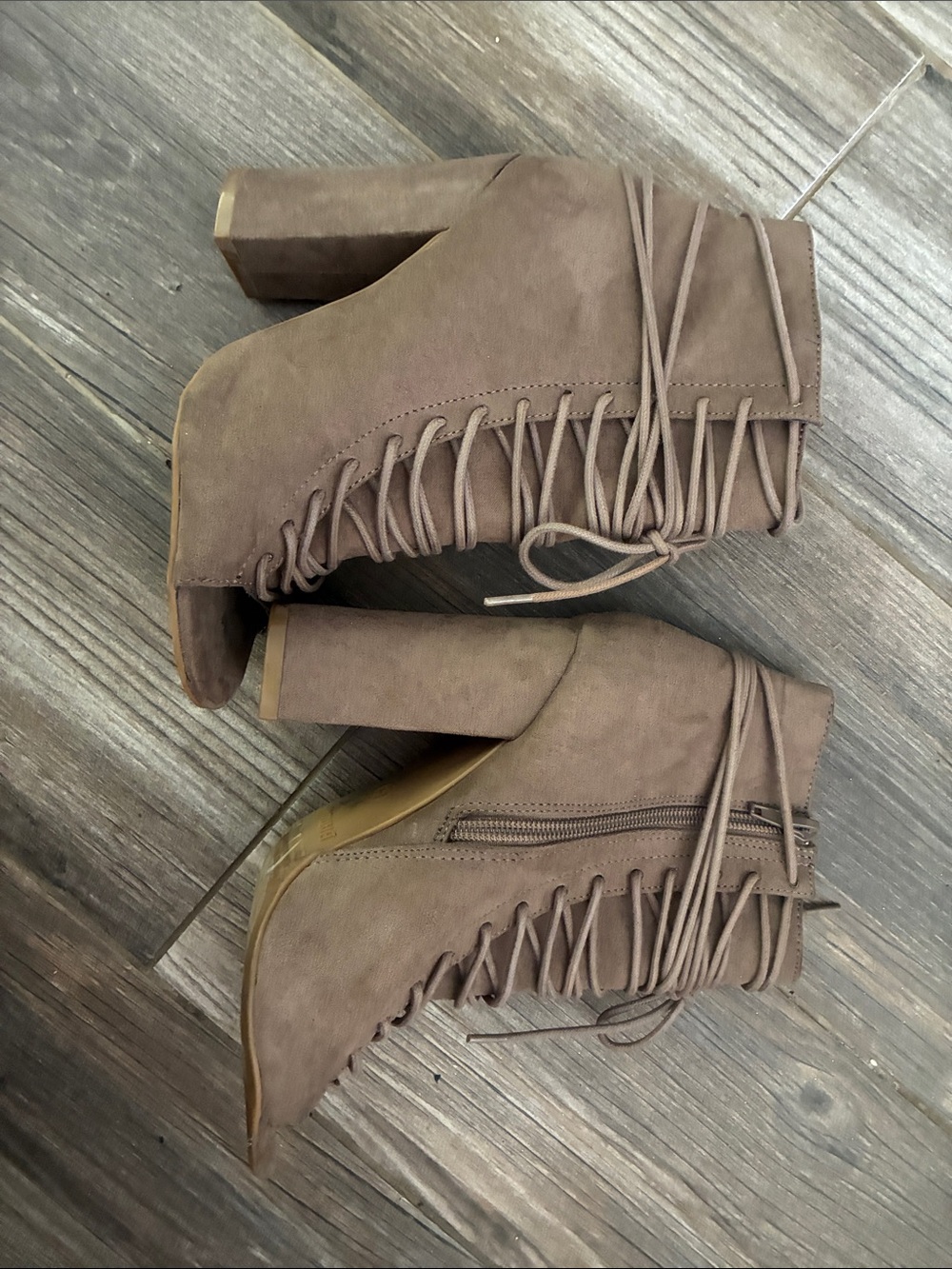 BAMBOO 5 1/2 Women's Taupe Suede Lace-Up Peep Toe Block Heel Booties